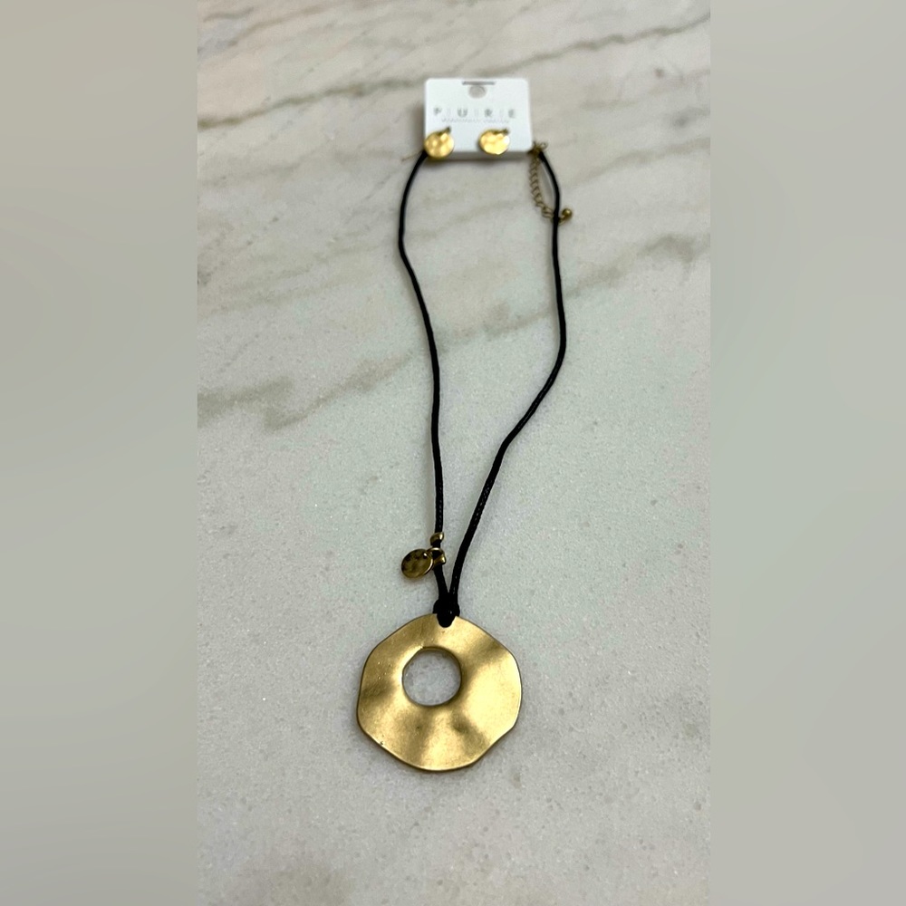 On Sale!! Gold tone necklace on black cord with matching earrings